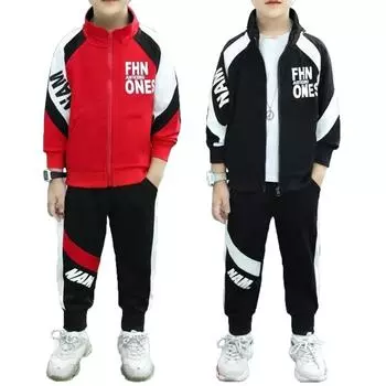 Детский модный спортивный костюм контрастного цвета для мальчиков, спортивный костюм с буквенным принтом, куртка на молнии с длинными рукавами и спортивные штаны, наряды 5-6 Years чёрный