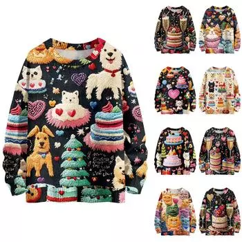 Детский модный свитер с круглым вырезом и длинным рукавом для мальчиков и девочек, вязаный свитер с милым принтом 150