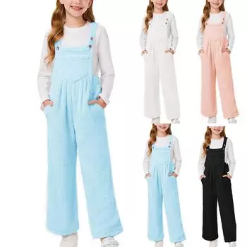 Детский модный толстый плюшевый однотонный комбинезон без рукавов на бретельках 120 чёрный