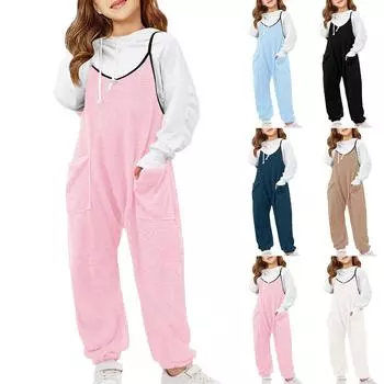 Детский модный толстый плюшевый однотонный комбинезон без рукавов на бретельках 160 розовый