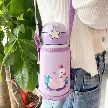 Детский мультфильм из нержавеющей стали 304 с ремешком-соломинкой Katomb, набор чашек для воды, термос. 500ml розовый