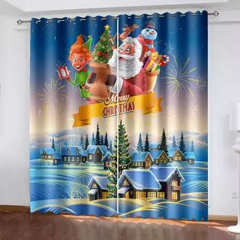 Детский мультфильм Санта-Клаус Кавайный занавес Украшение Рождественские украшения Праздничные занавески Дизайн рождественской елки W132cm x H160cm&Hook