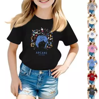 Детский набивной короткий рукав круглый вырез повседневный удобный свободный легкий топ 140