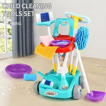 Детский набор игрушек для уборки с метлой, совок для мусора, шваброй, распылителем, ролевая игра, игрушка-тележка для уборки дома, ранняя развивающая игрушка для детей зелёный