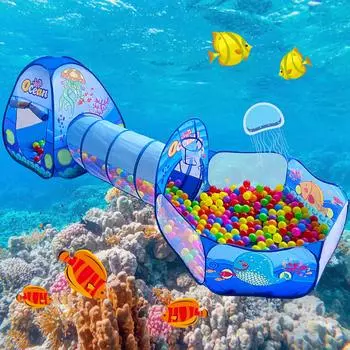 Детский набор из бассейна с шариками, туннеля и корзины, детская секретная игрушечная палатка, 3-х секционная детская палатка, сетка, складная, день рождения, подарок, подарок, основание, (морской мир)