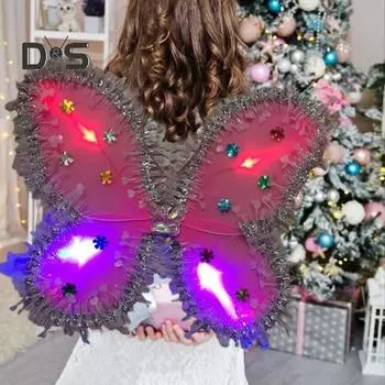 Детский набор крыльев бабочки, светодиодные светящиеся крылья феи, повязка на голову с бабочкой, набор палочек с кисточками, реквизит для костюмированного представления для девочек зелёный