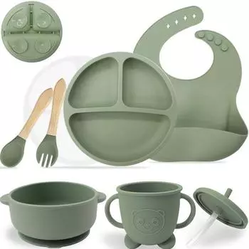 Детский набор силиконовой посуды. Чаша с двумя ушками. Встроенная силиконовая тарелка. Нагрудник для детского питания. Присоска для прикорма для матери и ребенка.