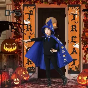 Детский накидка на Хэллоуин унисекс со звездным принтом, капюшон, шнуровка, ведьма, костюм для косплея, пончо для вечеринки, гадость или жизнь L синий
