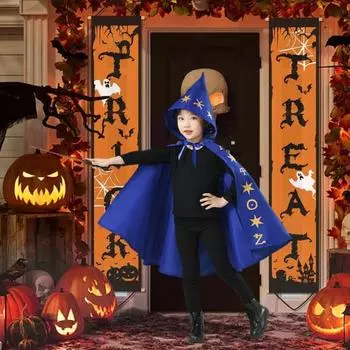 Детский накидка на Хэллоуин унисекс со звездным принтом, капюшон, шнуровка, ведьма, костюм для косплея, пончо для вечеринки, гадость или жизнь S синий