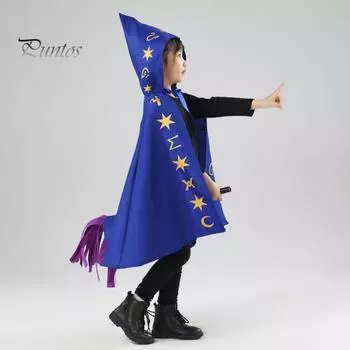Детский накидка на Хэллоуин унисекс со звездным принтом, капюшон, шнуровка, ведьма, костюм для косплея, пончо для вечеринки, гадость или жизнь S синий