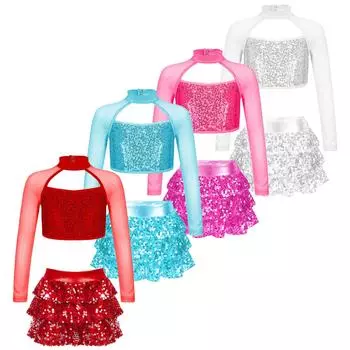 Детский наряд для танцевального выступления с блестящими пайетками для девочек, укороченный топ с длинными рукавами и вырезами, многоярусные шорты с юбкой с рюшами, шорты-кюлоты 11-12 Years горячий розовый