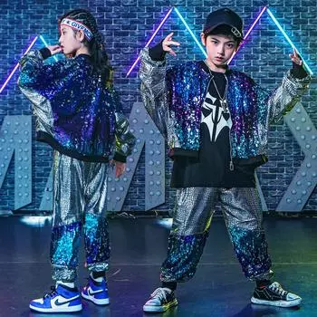 Детский новогодний костюм для представления: Костюмы для уличных танцев в стиле хип-хоп с серебряными пайетками для мальчиков и девочек 160 cm