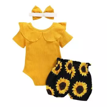 Детский однотонный комбинезон для девочек, шорты с принтом, повязка на голову, комплект одежды для девочек, 3 шт. L