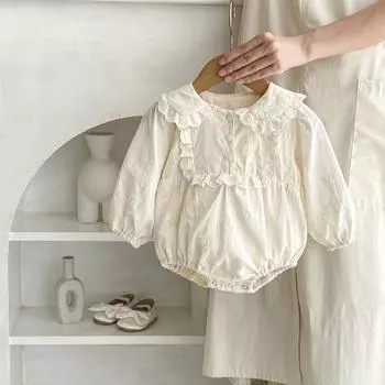 Детский однотонный комбинезон для младенцев, осенний, с воротником Питер Пэн, хлопковая одежда для девочек, свободный комбинезон для младенцев и девочек, bafanou 23389 90cm(18-24M) бежевый