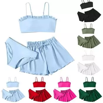 Детский однотонный купальник из двух частей с оборками, комплект из трех частей для девочек 160