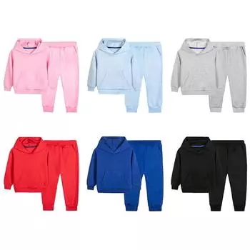 Детский однотонный свитшот, комплект одежды, детский пуловер с капюшоном, топ с карманами-кенгуру и брюки, 2 шт. 120