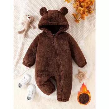 Детский однотонный теплый бархатный комбинезон с капюшоном и длинными рукавами с медвежьими ушками, осенне-зимние уличные комбинезоны для малышей и девочек 66 темно-коричневого