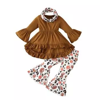 Детский однотонный топ с длинными рукавами и расклешенными брюками для девочек, комплект детской одежды 100