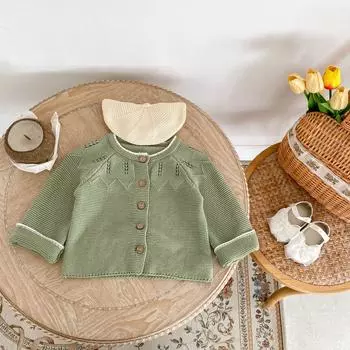 Детский однотонный вязаный кардиган для маленьких девочек, ажурное пальто, осенняя вязаная одежда для новорожденных на пуговицах bafanou 83460 66cm(3-6M) зелёный