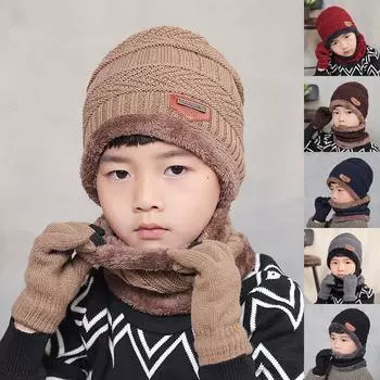 Детский однотонный вязаный шерстяной шарф, шапка, теплые три комплекта One Size чёрный