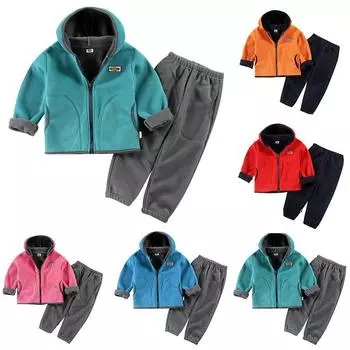 Детский осенне-зимний флисовый комплект, комплект из двух предметов для верхней одежды и брюк для мальчиков и девочек, утолщенный капюшон 90 синий