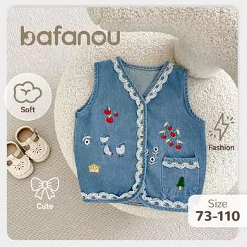 Детский осенний кардиган с v-образным вырезом, джинсовый детский хлопковый вышитый жилет, милая одежда без рукавов для девочек, bafanou 25089 73cm(6-12M) синий