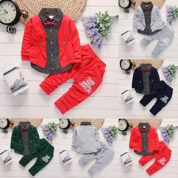 Детский осенний комплект одежды в британском стиле для мальчиков, костюм для джентльмена, поддельный комплект из 3 предметов, рубашки, брюки, наряды 100cm красный