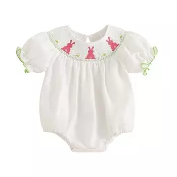 Детский пасхальный комбинезон для девочки с короткими рукавами-фонариками и вышивкой в виде кролика, присборенный комбинезон для новорожденного 0-3 Months белый
