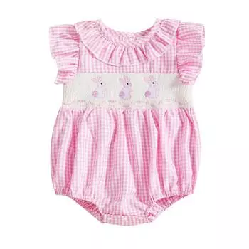 Детский пасхальный комбинезон с короткими рукавами и оборками на воротнике с вышивкой в виде кролика, присборенный комбинезон для новорожденных 0-3 Months розовый