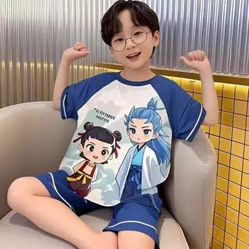 Детский пижамный комплект из чистого хлопка с короткими рукавами, одежда для сна 2025 года, весна и осень, комплект домашней одежды для мальчиков среднего и старшего возраста Nezha Aobin 110cm