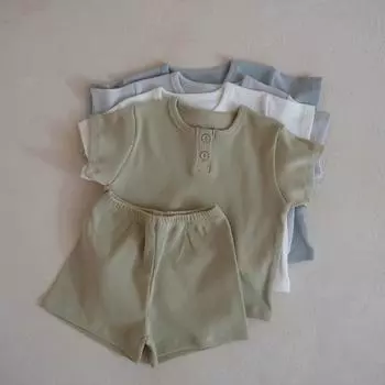 Детский пижамный комплект из хлопка в рубчик в корейском стиле - домашняя одежда с короткими рукавами для мальчиков и девочек 90 cm