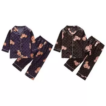 Детский пижамный комплект из ледяного шелка для мальчиков, милый кардиган с мультяшным животным принтом, пальто и брюки, одежда для сна 100