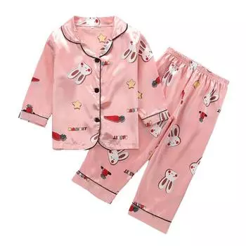 Детский пижамный комплект из ледяного шелка для девочек, кардиган с милым мультяшным принтом кролика, пальто и брюки, одежда для сна 110