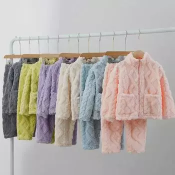 Детский пижамный комплект на молнии из фланели и кораллового флиса - осенне-зимняя утепленная домашняя одежда из бархата 100cm