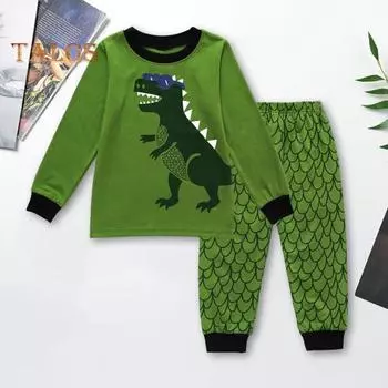 Детский пижамный комплект с динозавром, 2 предмета, пижамные наряды, детская одежда для сна с мультяшным принтом, приятная для кожи одежда для отдыха, домашняя одежда, костюмы 2 Years зелёный