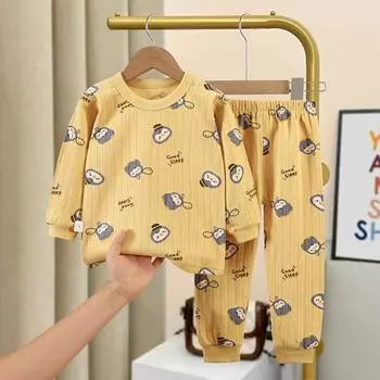 Детский пижамный комплект с героями мультфильмов для мальчиков и девочек, хлопковая одежда для сна с длинными рукавами, верхняя одежда, повседневный комплект домашней одежды 73 синий