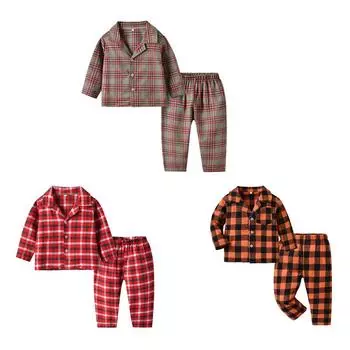 Детский пижамный комплект в клетку для мальчиков, рубашка с лацканами и пуговицами, топ и брюки с эластичной резинкой на талии, 2 шт. 120