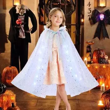 Детский плащ на Хэллоуин со светодиодной гирляндой, прозрачная сетка, блестки, капюшон, сборка, шнуровка, галстук, костюм для рождественской вечеринки в стиле принцессы, пончо белый