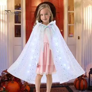 Детский плащ на Хэллоуин со светодиодной гирляндой, прозрачная сетка, блестки, капюшон, сборка, шнуровка, галстук, костюм для рождественской вечеринки в стиле принцессы, пончо белый