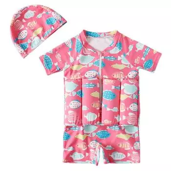 Детский плавучий купальник для маленьких девочек, плавучий милый мультяшный плавучий костюм с рыбой, рашгард с короткими рукавами, цельный купальник, купальный костюм с шапочкой, От 2 до 9 лет 90