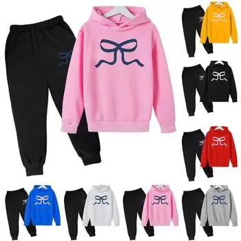 Детский плюшевый длинный рукав, длинные брюки, свободный свитер, бант с принтом, комплект с капюшоном 100 чёрный