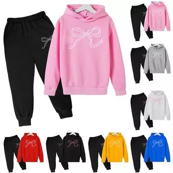 Детский плюшевый длинный рукав, длинные брюки, свободный свитер, бант с принтом, комплект с капюшоном 100 чёрный