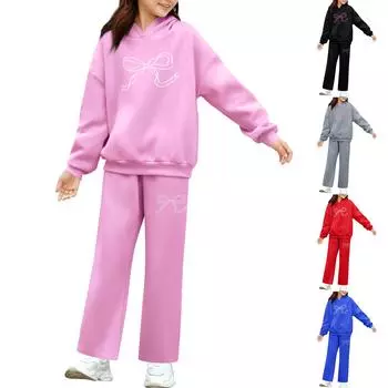 Детский плюшевый длинный рукав, длинные брюки, свободный свитер, бант с принтом, комплект с капюшоном 100 чёрный