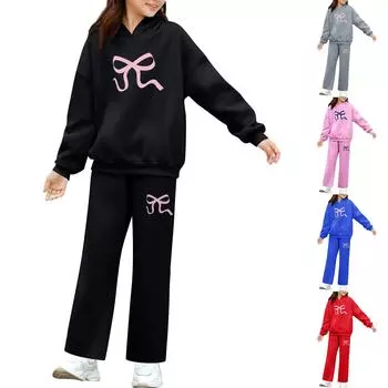 Детский плюшевый длинный рукав, длинные брюки, свободный свитер, бант с принтом, комплект с капюшоном 100 чёрный