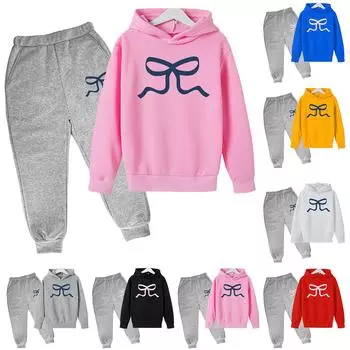 Детский плюшевый длинный рукав, длинные брюки, свободный свитер, бант с принтом, комплект с капюшоном L чёрный