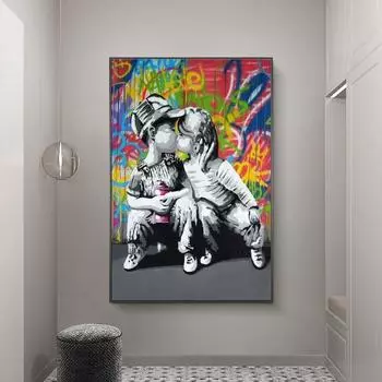 Детский поцелуй, уличное граффити, художественные картины на холсте на стене, художественные постеры и принты, художественные картины на холсте для декора стен гостиной 21*30cm