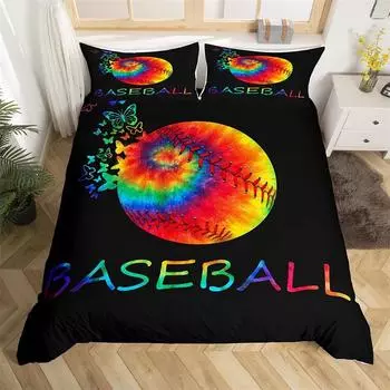 Детский пододеяльник с бейсбольным принтом Rainbow Tie Dye Softball, комплект постельного белья, полный комплект для мальчиков и девочек-подростков, спортивный наряд на одеяло 70x133cm 2pcs