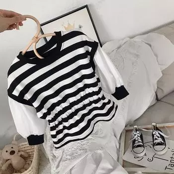 Детский полосатый свитер для девочек, искусственные топы из двух частей с длинными рукавами 100