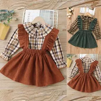 Детский повседневный комплект из клетчатой рубашки с длинными рукавами и однотонной юбки на бретельках 90 коричневый