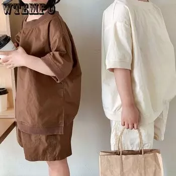 Детский повседневный комплект, однотонная свободная универсальная футболка с короткими рукавами для маленьких мальчиков и простые удобные хлопковые шорты для девочек, костюм из 2 предметов 80 белый